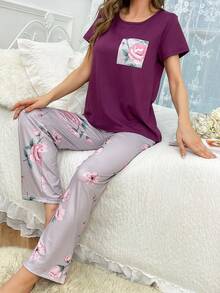 Floral Printed Short Sleeve Top And Long Pants Pajama Set - Purple - View 3