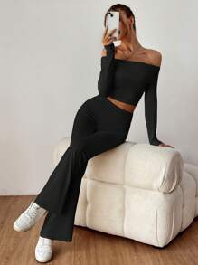 SHEIN EZwear 春季女装纯色露肩短款上衣和喇叭裤两件套 - 黑色 - 查看 3