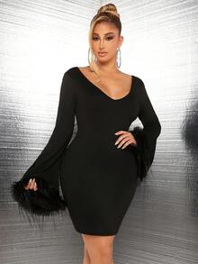 SHEIN SXY Đầm Party Đường viền cổ chữ V Khâu Macrame Bùng nổ Gợi cảm Sheath Đầm - màu đen - Xem 4