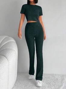 Set Da Due Pezzi A Coste Tinta Unita - Verde Scuro - Visualizzare 4