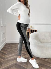 SHEIN 腰圍可調、拼色設計孕婦針織長褲 - 灰色 - 查看 5