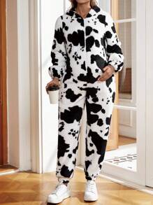 SHEIN Pregnant Women's Plush Cow Pattern Jumpsuit For Maternity - Black and White - View 3