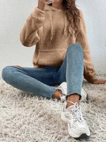 SHEIN EZwear Kangaroo Pocket Drop Shoulder Drawstring Teddy Hoodie - Camel - View 1