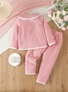 保暖内衬针织甜美彼得潘领开衫和裤子套装适合年轻女孩家居服 - 粉色 - 查看 2
