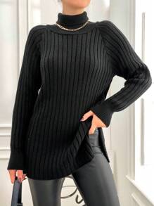 EURMUSE Turtleneck Raglan Sleeve Split Hem Sweater - Black - View 5