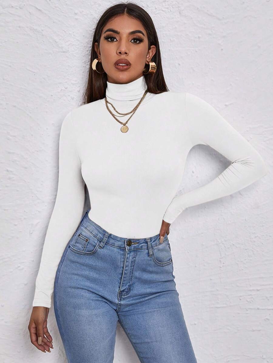 RueChic High Neck Form Fitted Tee - White - View 1