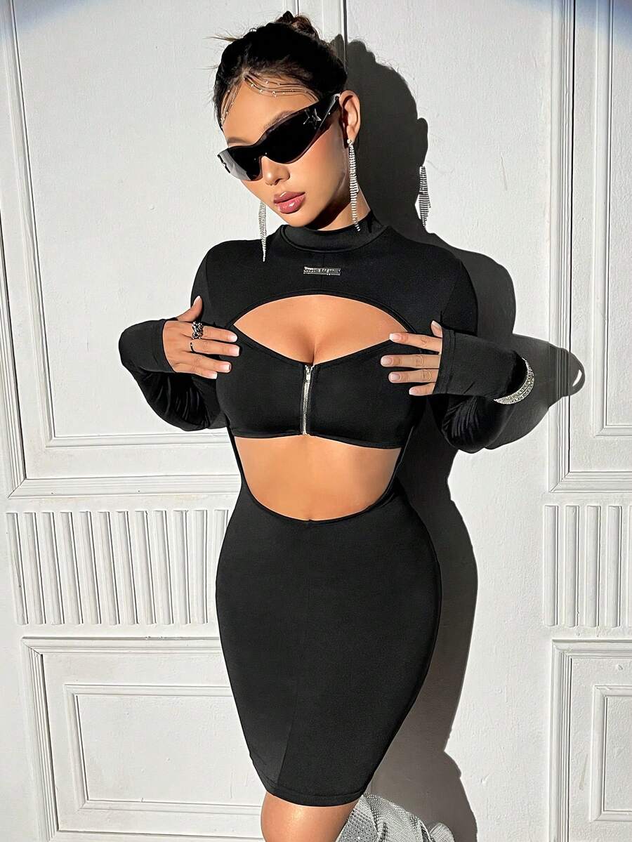 SHEIN Unity 女修身鏤空立領拉鍊修身洋裝 - 黑色 - 查看 1