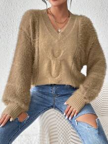 Chiquease Women's V-Neck Solid Color Fluffy Drop Shoulder Knit Pullover Fall Winter Sweater - Camel - View 3