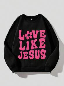 SHEIN EZwear Women's Plus Size Fleece Letter Print Sweatshirt - Black - View 6