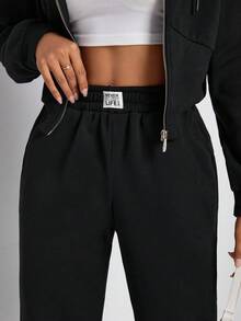 SHEIN Unity Women's Solid Color Zipper Drawstring Hooded Sweatshirt And Sweatpants Two-piece Set - Black - View 6