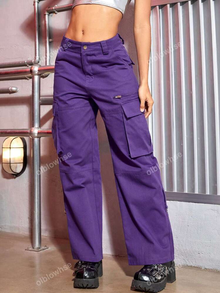 ストリート風パープルカーゴパンツ 脇ポケット付き | SHEIN JAPAN