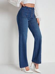 SHEIN Essnce Women's High Waist Wide Leg Denim Pants With Button Closure Pockets - Dark Wash - View 3