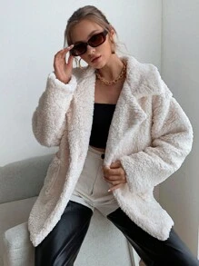 SHEIN Unity Drop Shoulder Pocket Patched Fleece Coat Fall Winter Cloth For Women - Beige - View 8