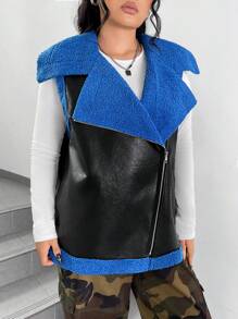 SHEIN EZwear 大尺碼彩塊無袖夾克,配有大領子和前拉鍊 - 藍色 - 查看 3