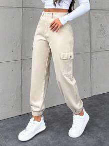 EURMUSE Women's Solid Color Cargo Jeans With Elastic Cuffs - Beige - View 1