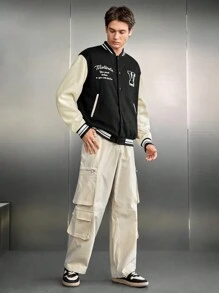 SWAVVY 1 Set Woven Casual Oversized Jacket And Cargo Pants Two Pieces - Khaki - View 5