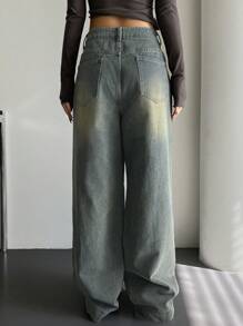 DAZY 女式闊腿牛仔褲 - 深色水洗藍 - 查看 7