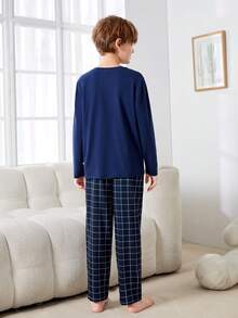 SHEIN 男大童合體休閒翻領t卹格紋長褲家居服 - 藏蓝色 - 查看 3