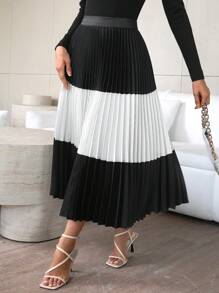 SHEIN Privé 女士彩色拼接百褶裙 - 黑色 - 查看 1
