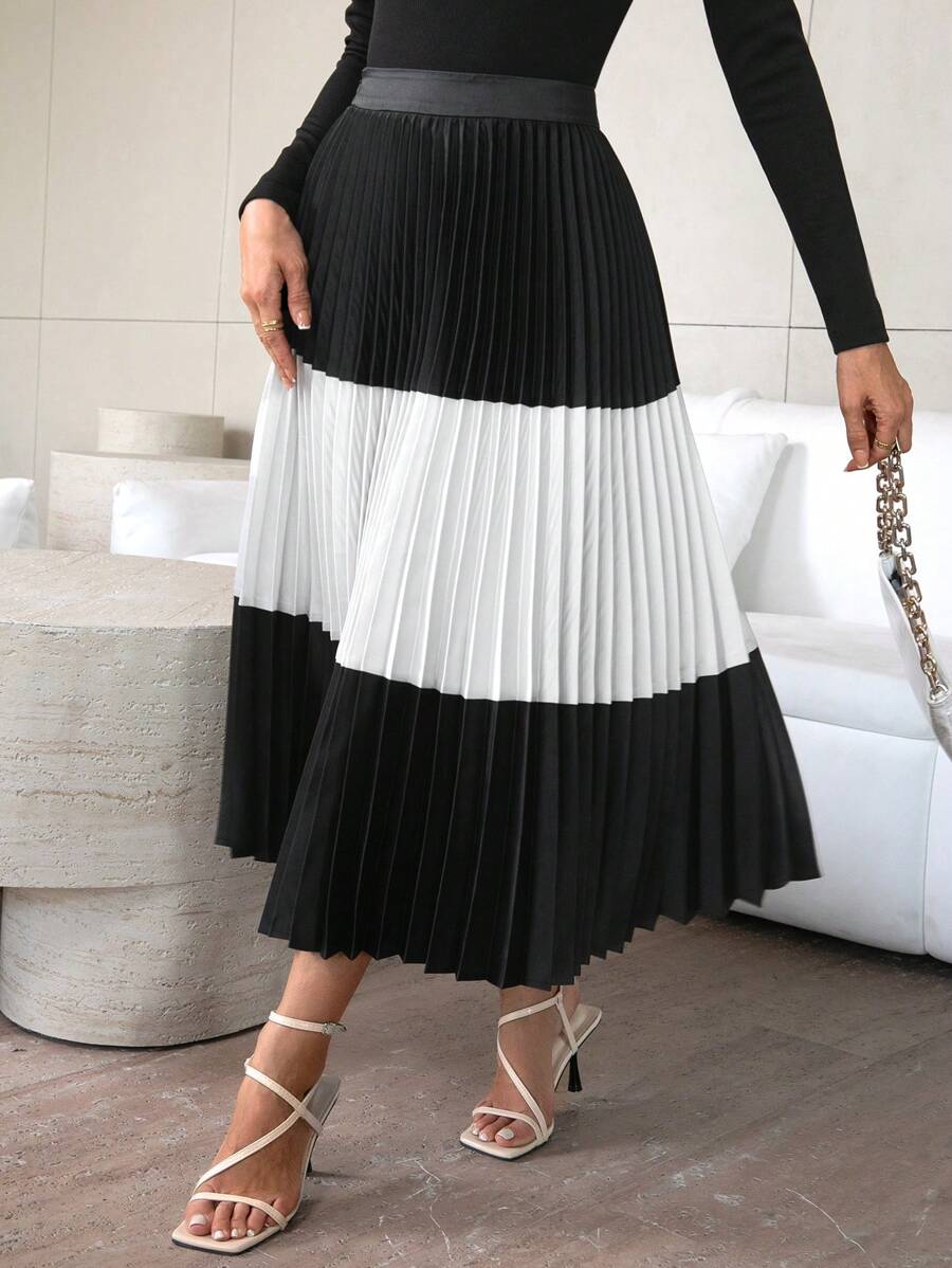 SHEIN Privé 女士彩色拼接百褶裙 - 黑色 - 查看 1