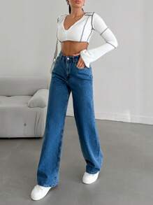 SHEIN Cottnline Women's Straight Leg Jeans - Royal Blue - View 3