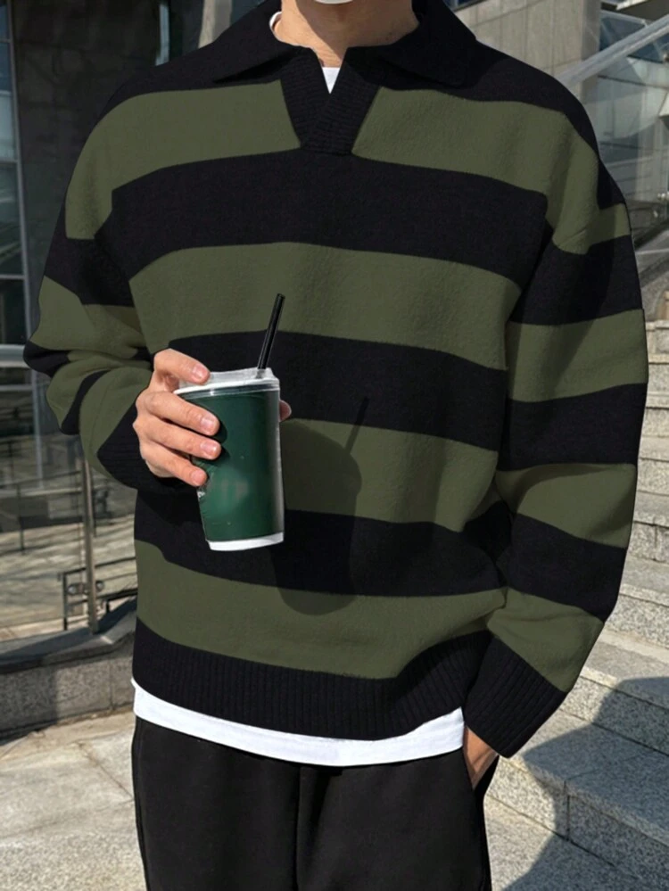 Men's Striped Color Block Knitted Fall  Sweater, Grunge Style