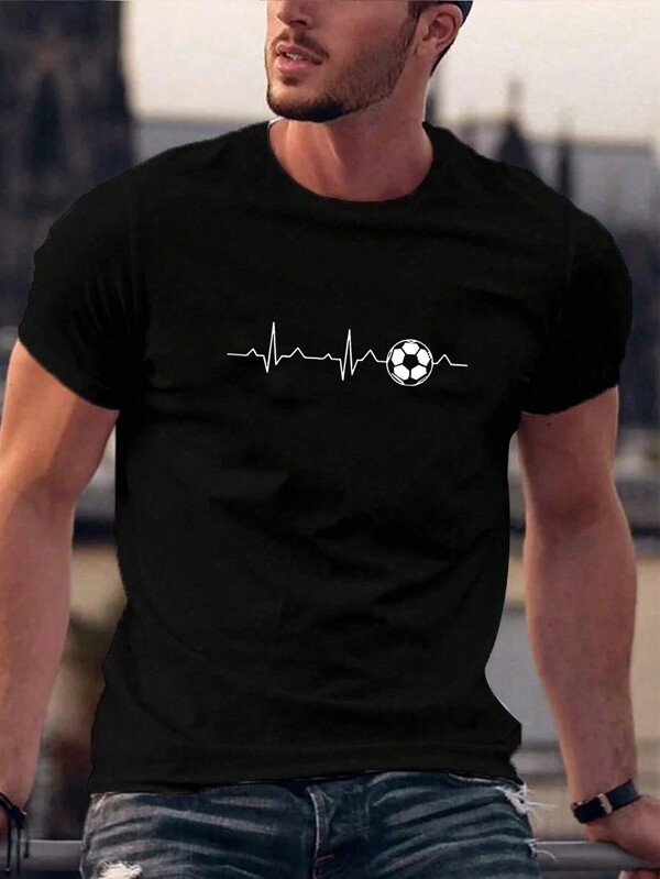 Manfinity Homme Tricou Negru Casual, Maneca Scurta, Cu Imprimare Grafica Fotbal, Pentru Iesiri, Pentru Sot