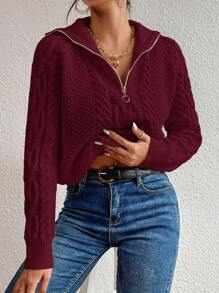 SHEIN Essnce Women's Zipper Half Placket Raglan Sleeve Sweater - Burgundy - View 1