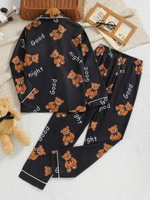 Tween Girl Cartoon Bear Printed Loungewear With Contrast Trim, For Home - Black - View 2