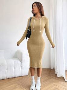 女士长袖抽绳连帽纯色针织毛衣连衣裙 - 卡其色 - 查看 6