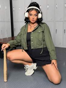 SHEIN EZwear Women's Plus Size Green Denim Jacket With Hood - Army Green - View 3