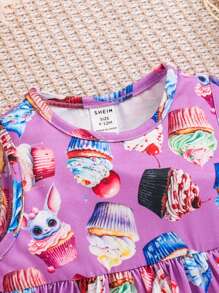 SHEIN 女嬰休閒可愛蛋糕圖案無袖連身裙 - 紫色 - 查看 3