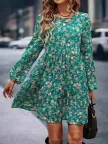 SHEIN Clasi Floral Printed Lantern Sleeve Babydoll Dress - Multicolor - View 1