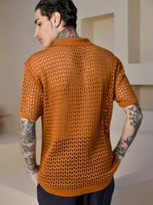 SHEIN Men's Textured Knit Polo Shirt - Rust Brown - View 2