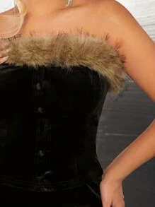 SHEIN SXY 女士 2 件套邊飾無肩帶上衣和美人魚裙套裝 - 黑色 - 查看 5