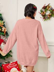 SHEIN Qutie Của phụ nữ Giáng sinh Thêu Khẩu hiệu Đầm nỉ - Hồng - Xem 2