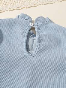 SHEIN 女童學院風立領灰絨布襯衫,襯邊飾邊,蝴蝶結設計和常規肩長袖 - 藍色 - 查看 7