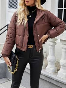 SHEIN LUNE Ladies' Zipper Front Padded Padded Coat Clothes Winter - Brown - View 3