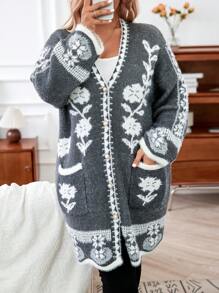 Calvaya Kích thước lớn Quý cô Hoa In Áo len Mở Với Túi - Đen và trắng - Xem 6