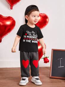 SHEIN Em bé Con trai Lá thư In Ngắn tay Vòng cổ Áo Và Quần có chân Bộ - màu đen - Xem 3