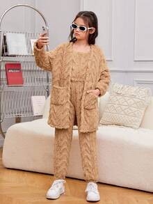 SHEIN 青少女個性化酷炫運動針織兩面絨面固色外套,並配有背心和捲邊褲套裝 - 駝色 - 查看 6