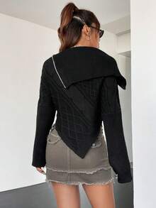 SHEIN Coolane Asymmetrical Zipper Collar Drop Shoulder Sweater - Black - View 2