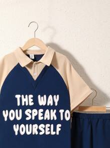 SHEIN Tween Boys' Loose-Fit College Letter Print Turn-Down Collar 2 In 1 T-Shirt And Shorts Set