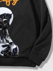 ROMWE MEN Street Life Các bạn Đồ họa chữ và số Thả vai Dây rút Hoodie - màu đen - Xem 5