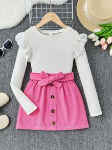 少女荷葉邊t恤和鈕扣前束腰裙 - 彩色 - 查看 1