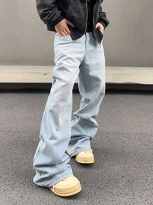 Manfinity Hypemode Men's Solid Color Wide Leg Denim Jeans With Slanted Pockets Baggy Long Washed Flare Jean Cargo Plain Light Blue Party Street Wear Rapper