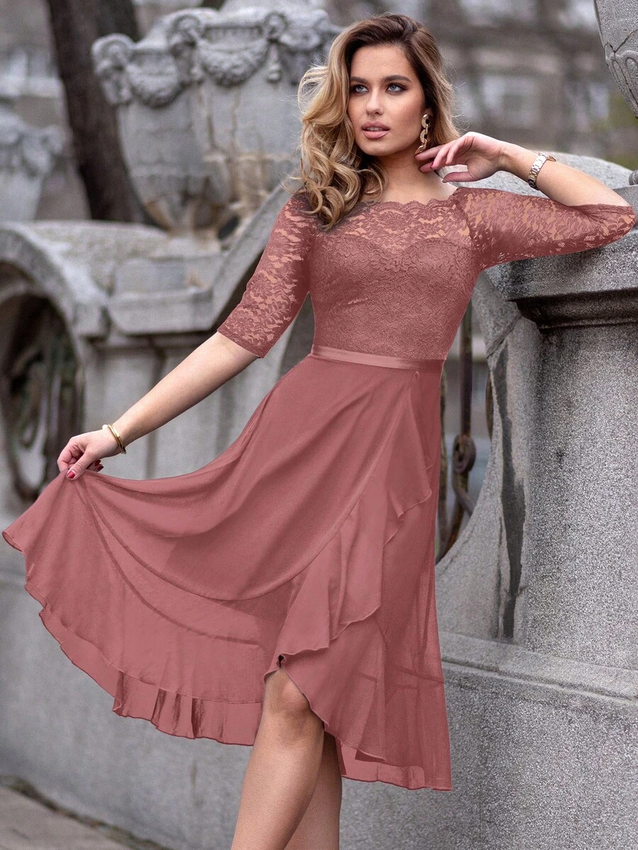 MIUSOL 花卉蕾丝船领半袖雪纺荷叶边摆裙，适合舞会、派对、A字裙、露肩连衣裙、婚礼宾客礼服、春季连衣裙、母亲节礼服