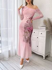 SHEIN Privé 女款不對稱領口玫瑰印花洋裝 - 粉色 - 查看 2