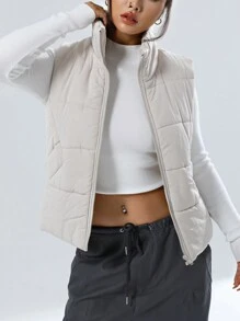 SHEIN EZwear Màu thuần Đệm Áo khoác vest - Màu be - Xem 4