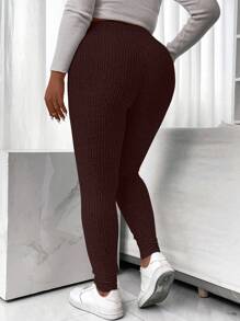 Calvaya Plus Size Women'S Solid Color Mesh Ribbed Leggings - Coffee Brown - View 3